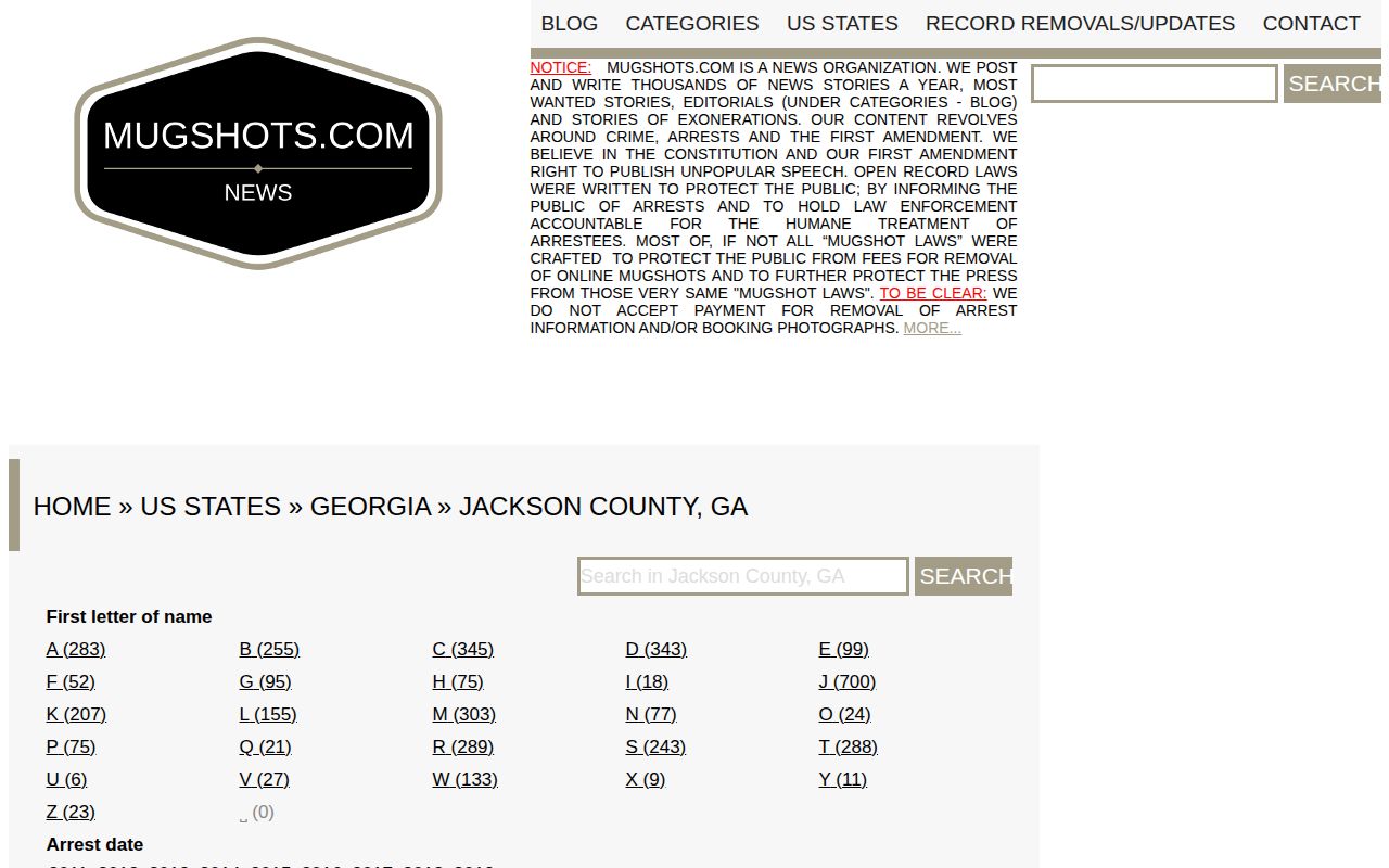 Mugshots.com Jackson County unofficial archive page