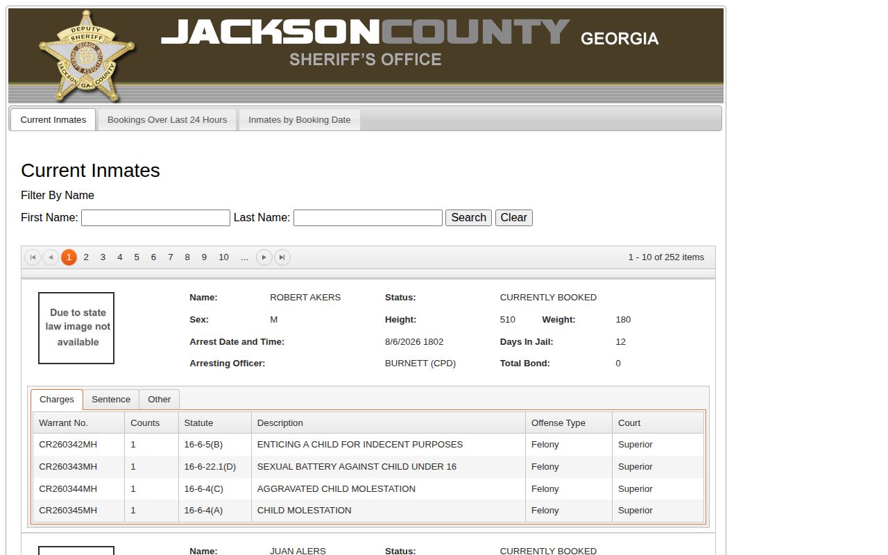 Jackson County Offender Index current inmates and booking-date search interface