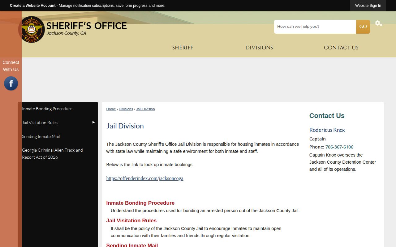 Jackson County Jail Division official booking-record access page
