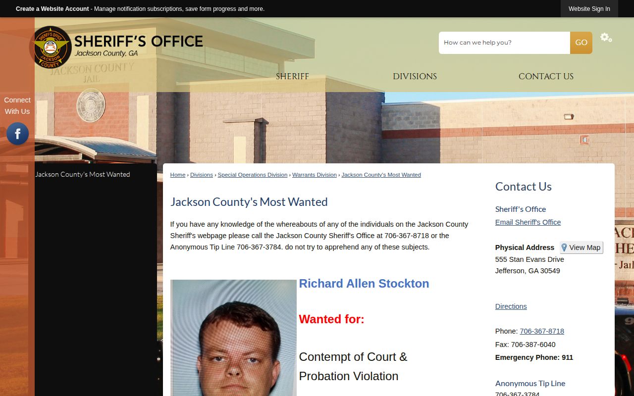 Jackson County Sheriff's official most wanted page with photographed listings