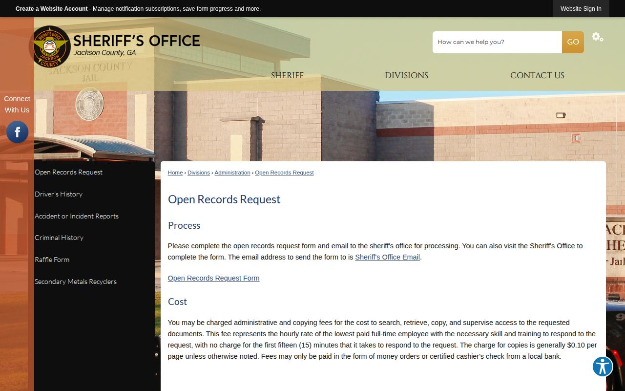 Jackson County Sheriff open-records request page for booking records and photos
