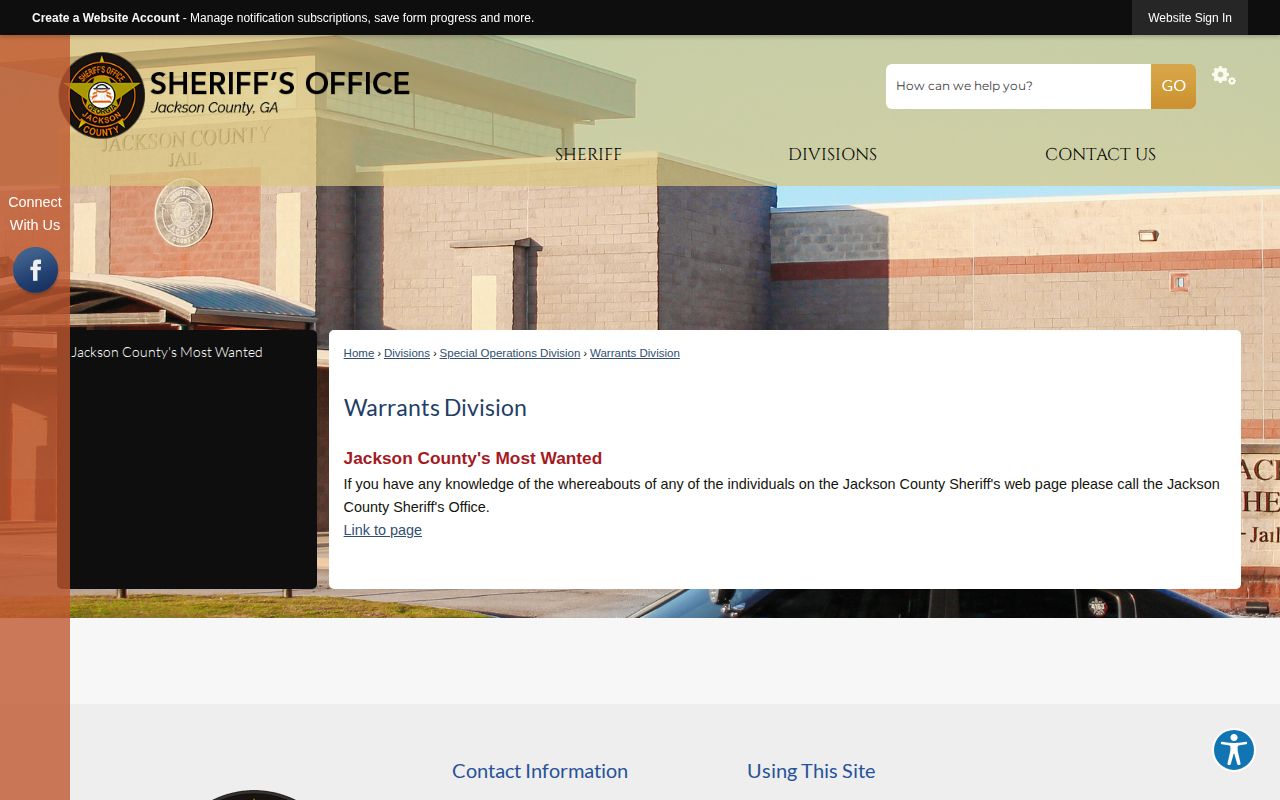Jackson County Sheriff's Warrants Division page for official warrant questions