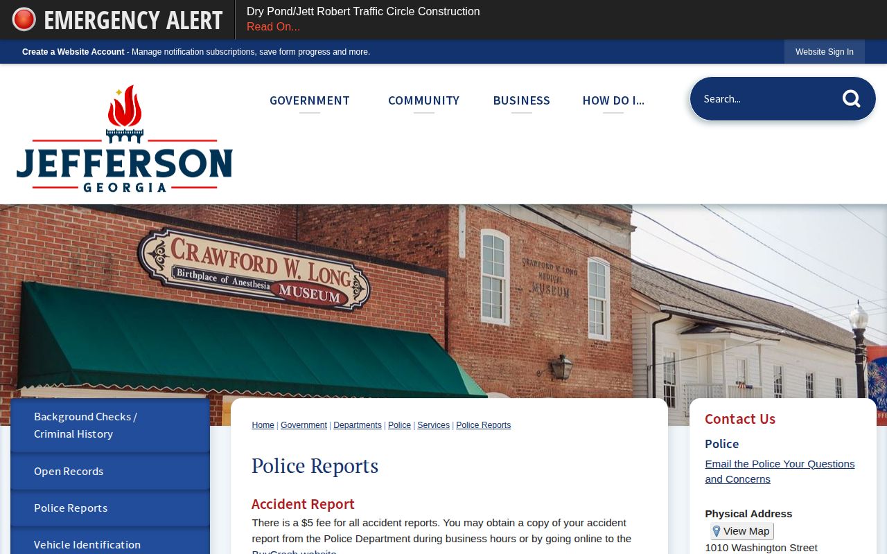 Jefferson Police Department Police Reports page showing the city incident-report request options