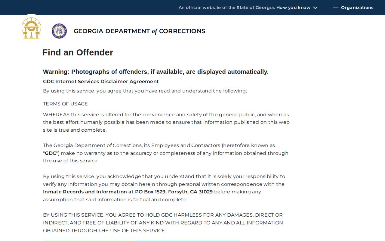 Jackson County state-prison custody check through the Georgia Department of Corrections offender query