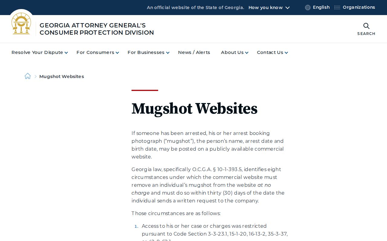 Georgia Attorney General mugshot removal law information for Jackson County records