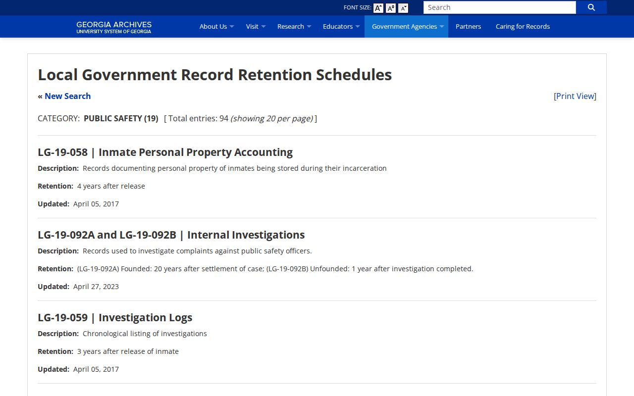 Georgia public-safety records retention schedule for Jackson County booking records